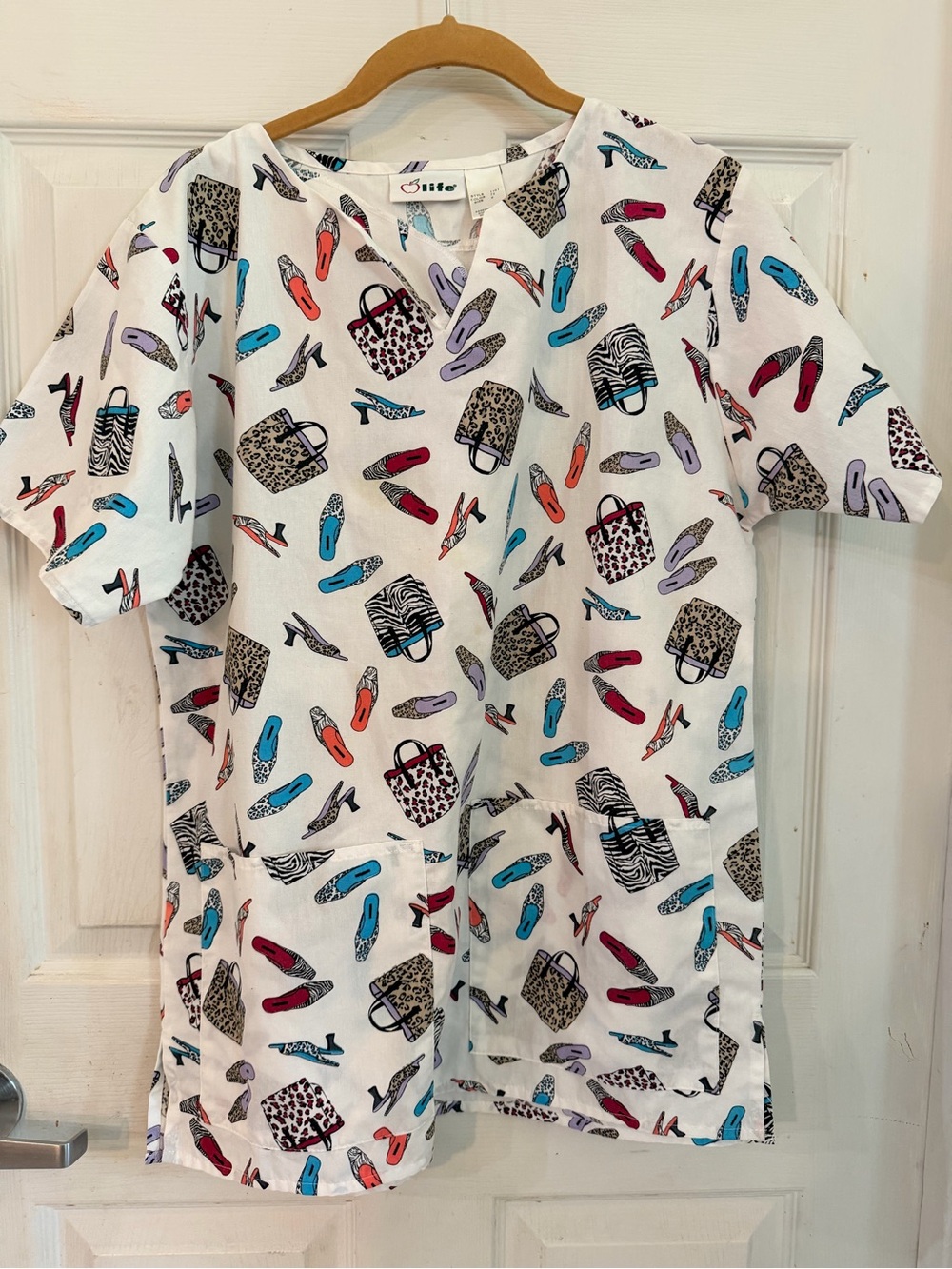 Vintage White Scrub Top with Multicolor Shoe & Bag Print